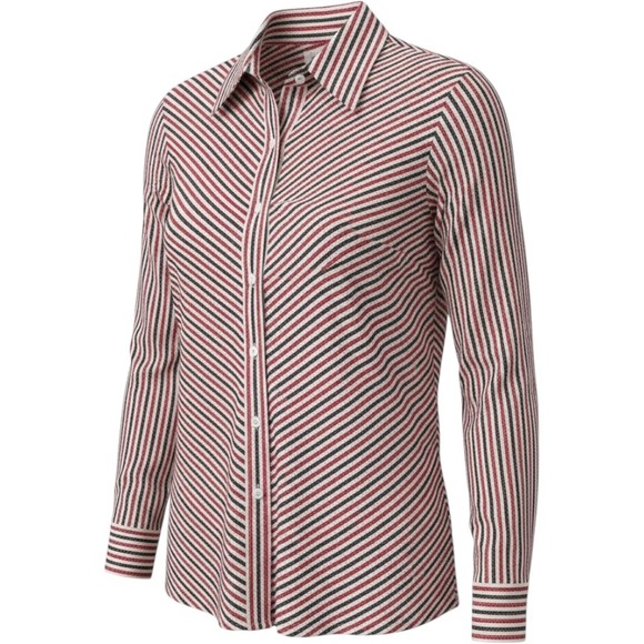 Foxcroft Tops - Foxcroft Non Iron Button Up Shirt Sz 12 Red Black Diagonal Stripe Preppy Boho